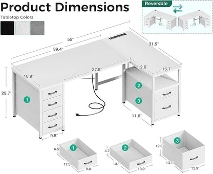 Coleshome L Shaped Computer Desk with 6 Fabric Drawers & Power Outlet, 55 Inch Corner Desk with Reversible Storage Shelf & File Drawer, Home Office Desk, White