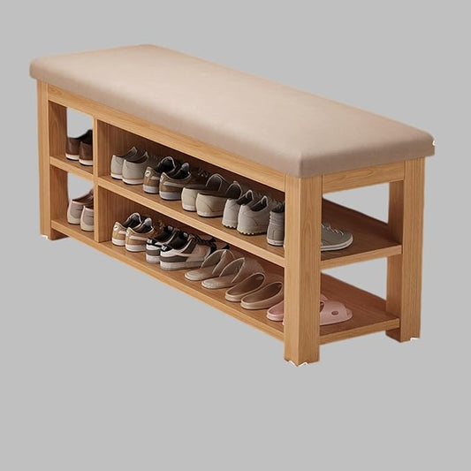 2 Tier Shoe Storage Bench for Entryway | Sturdy Rubberwood Shoe Rack with Cushioned Seat, Space-Saving Organizer for Closet(Yellow,120cm/47.2in)