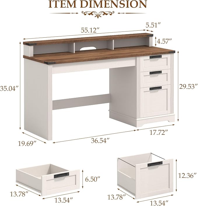 Vabches 55" Farmhouse Executive Desk with 3 Drawers, Wooden Computer Desk Home Office Desk with File Drawer (Fits A4 Size) for Work and Study, White Brown