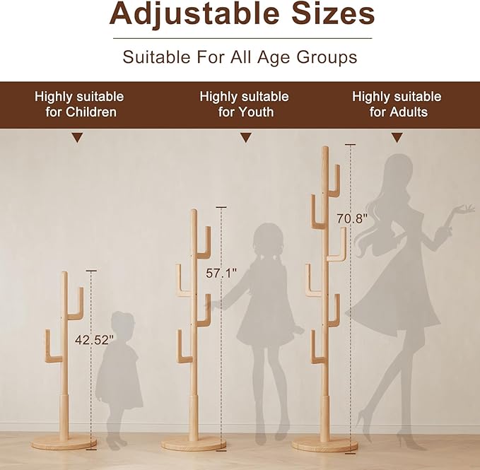 Muwuele Solid Wood Cactus Coat Rack, Freestanding Coat Rack With 6 L-Shaped Hooks and 3 Adjustable Sizes, Coat Tree for Bedroom, Entryway, Livingroom, Coat Hanger Stand for Coats, Handbags (Natural)