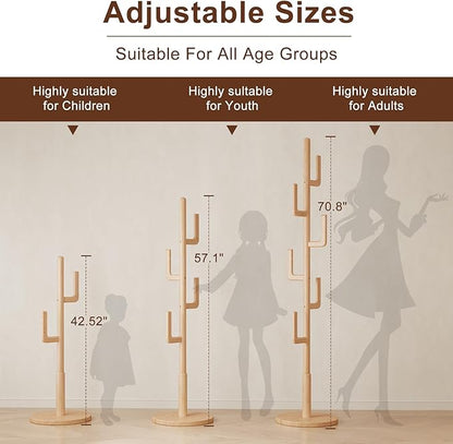 Muwuele Solid Wood Cactus Coat Rack, Freestanding Coat Rack With 6 L-Shaped Hooks and 3 Adjustable Sizes, Coat Tree for Bedroom, Entryway, Livingroom, Coat Hanger Stand for Coats, Handbags (Natural)