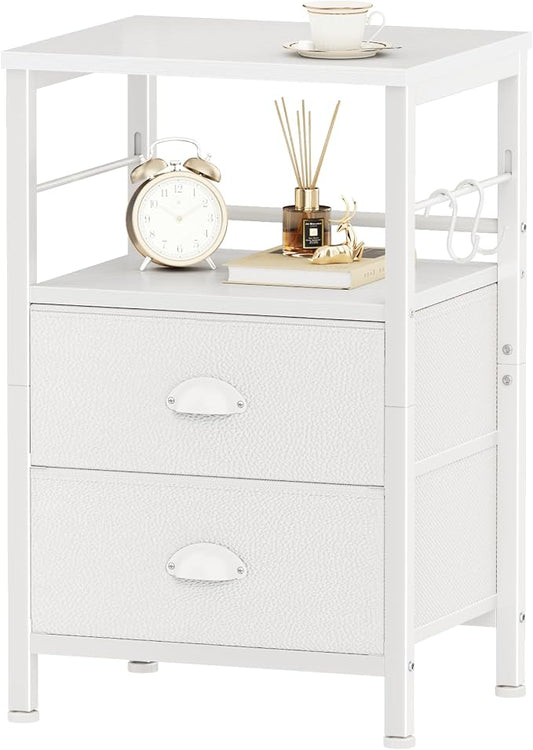 Furologee Nightstand Bedside Table with 2 Fabric Drawers, White Side Table with 2-Tier Shelf, Night Stand with Hooks, for Bedroom, Living Room, Backboard Design, Wooden Top, Metal Frame, White