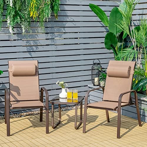 Tangkula Outdoor Bistro Set, 3 Pieces Patio Recliner Stackable Chairs with Adjustable & Folding Backrest, Removable Headrest and Tempered Glass Coffee Table Set, Patio Conversation Set (Brown)