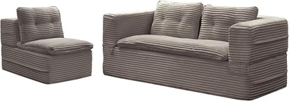 80'' Futon Sofa Bed, King Size Foldable Sleeper Sofa, Corduroy Boneless Loveseat Couch with Chaise Lounge, 3 Pillows, Blanket, Upholstered Sectional Couches for Living Room, Bedroom, Coffee