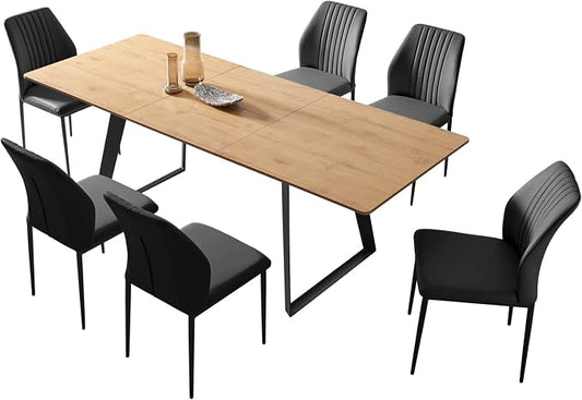 ZckyCine 51-67 Inch Modern Expandable Dining Table Set with 6 Black Leather Chairs | Oak Finish Extendable Wooden Table for Space-Saving Multifunctional Design, Easy Assembly