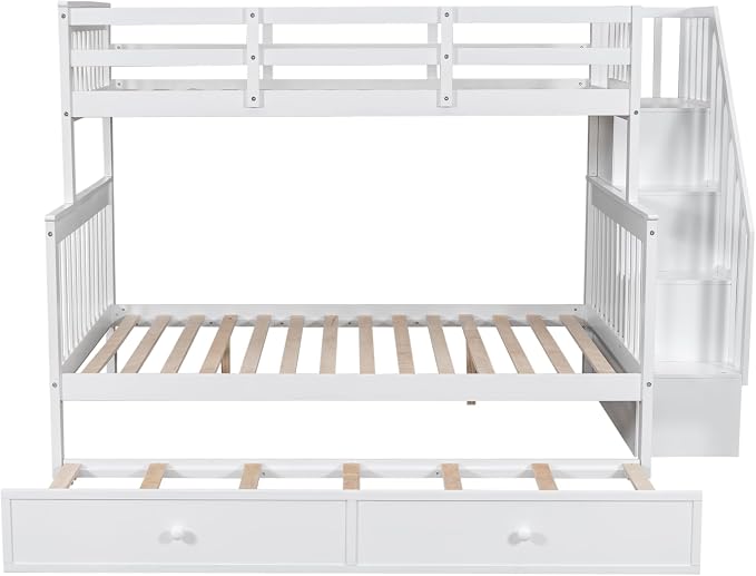 MERITLINE Twin Over Full Bunk Bed with Trundle, Storage Staircase,Solid Wood Bunk Bed with Stairs Box and Guardrail, No Spring Box Needed (White &Trundle,Twin Over Full)