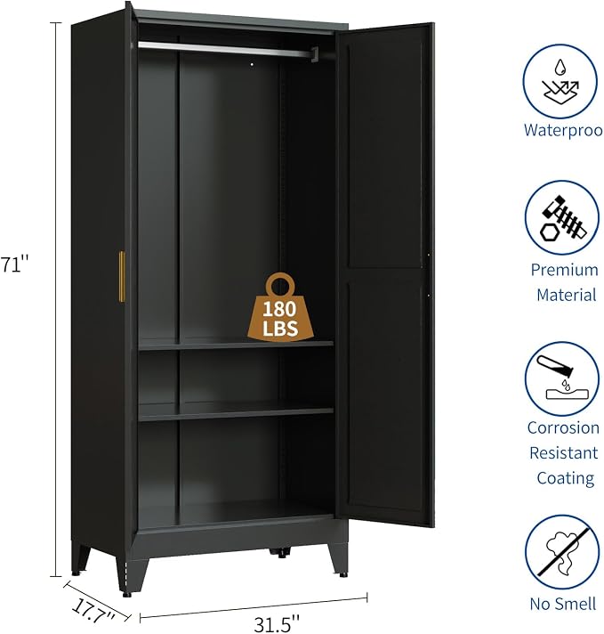 71" Heavy Duty Steel Armoire Wardrobe Closet, Black Metal Clothing Storage Cabinet with 2 Magnetic Doors & Adjustable Shelves, Waterproof Hanging Rod Cabinet