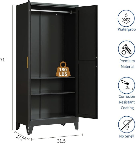 71" Heavy Duty Steel Armoire Wardrobe Closet, Black Metal Clothing Storage Cabinet with 2 Magnetic Doors & Adjustable Shelves, Waterproof Hanging Rod Cabinet