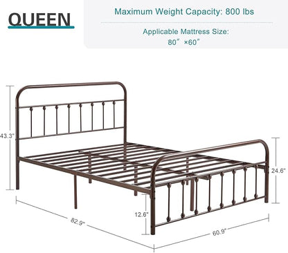 VECELO Purple Bronze Victorian Style Metal Bed Frame with Headboard/Mattress Foundation/No Box Spring Needed/Under Bed Storage and Strong Slat Support Queen Size