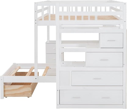 MERITLINE Full Over Twin L Shaped Bunk Bed with Stairs and Desk,Solid Wood L-Shaped Bunk Bed with Storage Drawers,Shelves,Ladder,Headboard and Guardrail,No Box Spring Needed (White)