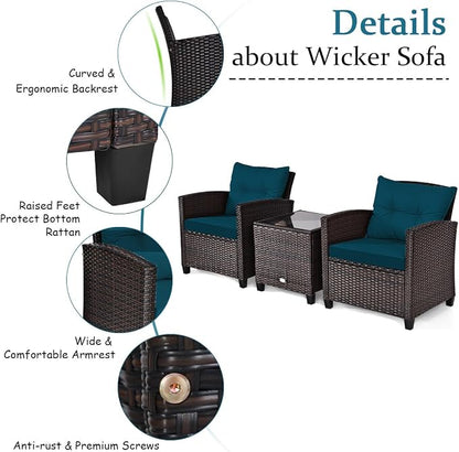 COSTWAY 3PCS Patio Furniture Set, PE Rattan Wicker Sofa w/Washable Cushion and Coffee Table, Tempered Glass Tabletop, Outdoor Conversation Set for Balcony, Porch, Yard, Backyard, Lawn (Blue)