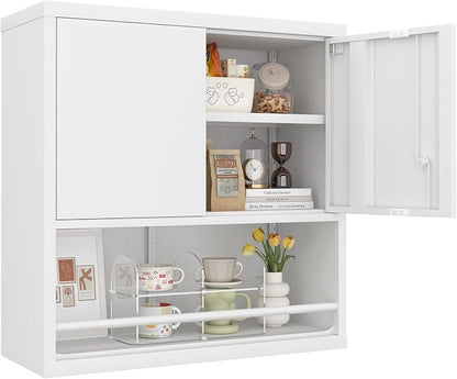 Metal Wall Cabinet, Steel Floating Hanging Storage Cabinet with Locking Doors and Adjustable Shelf for Garage, Basement, Kitchen, Warehouse Assembly Required, White