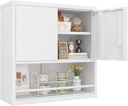 Metal Wall Cabinet, Steel Floating Hanging Storage Cabinet with Locking Doors and Adjustable Shelf for Garage, Basement, Kitchen, Warehouse Assembly Required, White