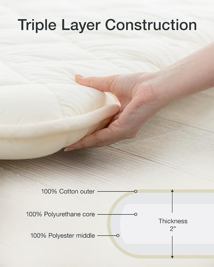 FULI Japanese Futon, Full Size, White - Foldable Shikibuton Floor Bed - Medium Firm Quilted Cotton Sleeping Pad, Portable Roll-Up Japanese Floor Bed for Guests & Small Spaces
