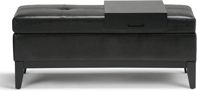 SIMPLIHOME Oregon Storage Ottoman Bench with Tray - 42 inch Wide Upholstered Vegan Leather Rectangle Ottoman Bench in Midnight Black, Transitional Tufted Ottoman for Living Room with Lift-Up Lid