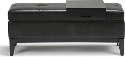 SIMPLIHOME Oregon Storage Ottoman Bench with Tray - 42 inch Wide Upholstered Vegan Leather Rectangle Ottoman Bench in Midnight Black, Transitional Tufted Ottoman for Living Room with Lift-Up Lid