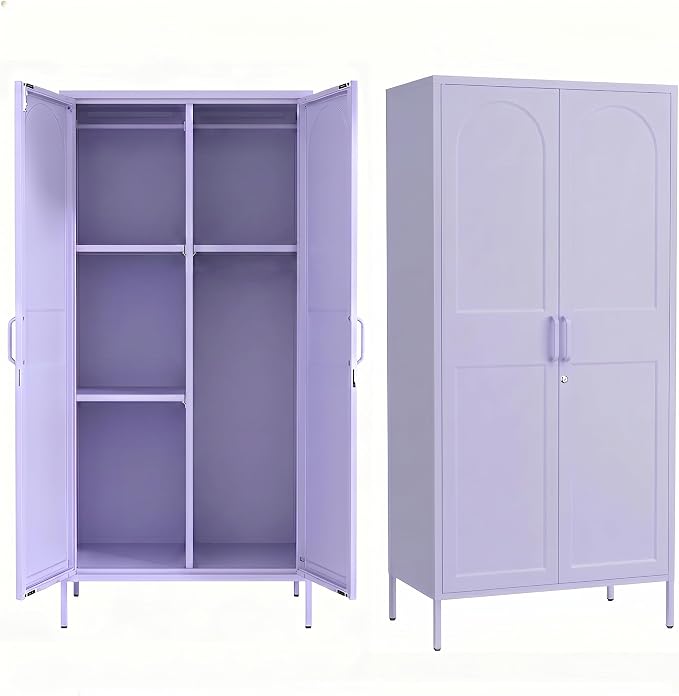 Lockable Closet Metal Wardrobe 67" Purple 2 Door Wardrobe Bedroom Storage Cabinet Adjustable shelf Multi functional metal Storage Cabinet with hanging rail for domestic use 18.1" D x 31.5" W x 67" H