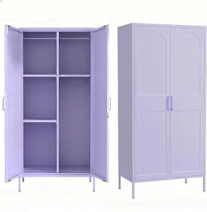 Lockable Closet Metal Wardrobe 67" Purple 2 Door Wardrobe Bedroom Storage Cabinet Adjustable shelf Multi functional metal Storage Cabinet with hanging rail for domestic use 18.1" D x 31.5" W x 67" H