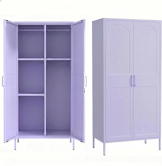 Lockable Closet Metal Wardrobe 67" Purple 2 Door Wardrobe Bedroom Storage Cabinet Adjustable shelf Multi functional metal Storage Cabinet with hanging rail for domestic use 18.1" D x 31.5" W x 67" H