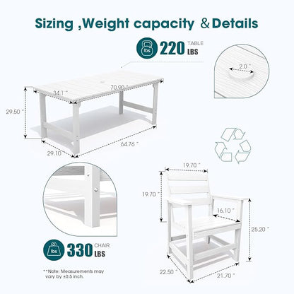 THOEOE 5 Piece Outdoor Dining Set, Patio Dining Table and 4 Chairs, All-Aluminum Frame, All-Weather HDPE Outdoor Furniture with Umbrella Hole for Garden, Lawn, Poolside, White