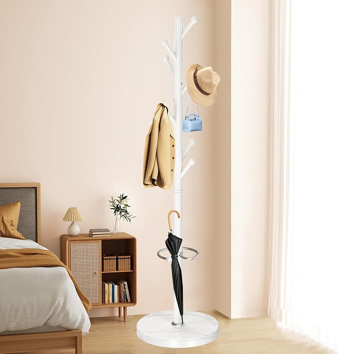 OIRUMIE Coat Rack with Natural Marble Base, Metal Coat Racks Freestanding, Modern Coat Rack Stand with 8 Hooks& Umbrella Holder, White Coat Clothes Tree Hats Hanger Stand for Entryway, Hallway