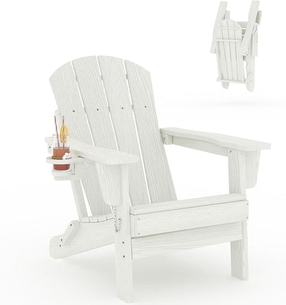 GarveeLife Folding Adirondack Chair, All-Weather HDPE Outdoor Chair, Wooden Textured with Cup Holder for patios, Decks, Gardens, fire pits, White