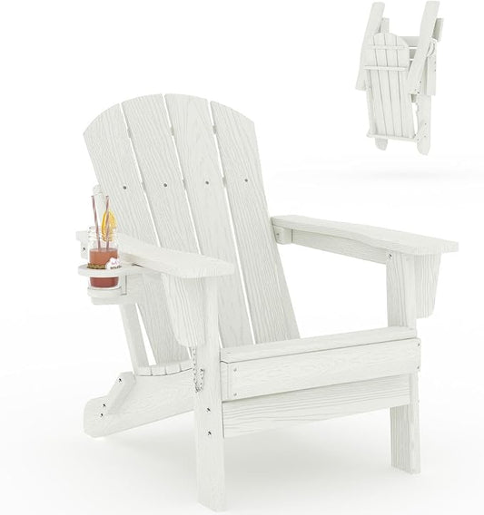 GarveeLife Folding Adirondack Chair, All-Weather HDPE Outdoor Chair, Wooden Textured with Cup Holder for patios, Decks, Gardens, fire pits, White