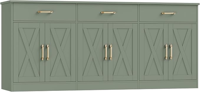 HOSTACK 71" Large Sideboard Buffet Cabinet with Storage, Farmhouse Coffee Bar Cabinet with 3 Drawers, Long Kitchen Buffet Table, Kitchen Sideboard Storage Cabinet for Dining Room, Living Room, Green