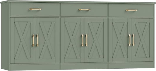 HOSTACK 71" Large Sideboard Buffet Cabinet with Storage, Farmhouse Coffee Bar Cabinet with 3 Drawers, Long Kitchen Buffet Table, Kitchen Sideboard Storage Cabinet for Dining Room, Living Room, Green
