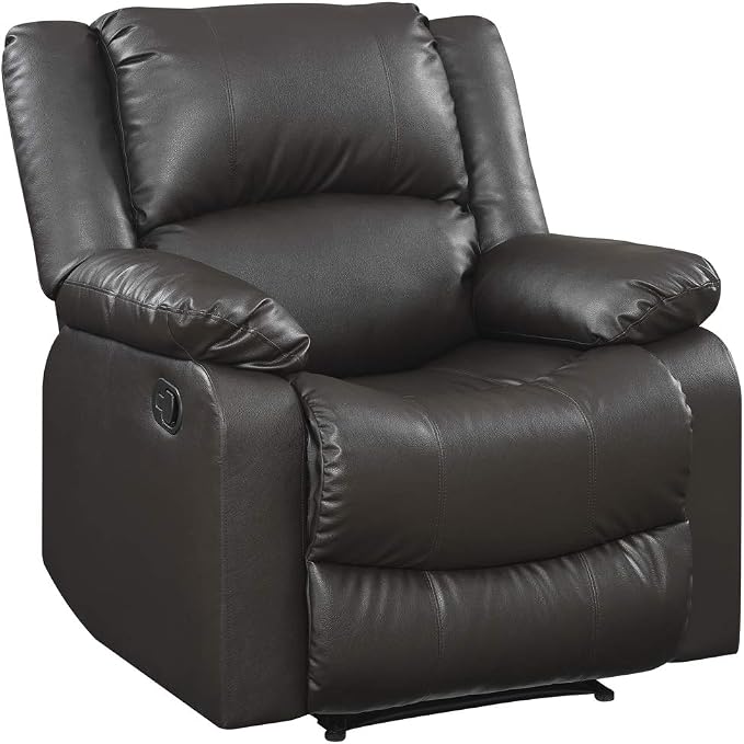 Warren 35.5" Manual Pull-Handle Recliner, Traditional Overstuffed, Pocket Coil Comfort, Black Metal Base Legs, Soft Vegan Leather Fabric, Java