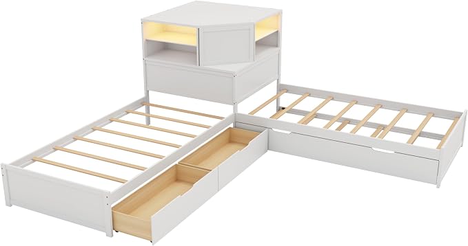Merax L-Shaped Combination Twin Bed Frame with Trundle,Drawer,Built-in Desk and Led Downlight,3-in-1 Design for Bedroom