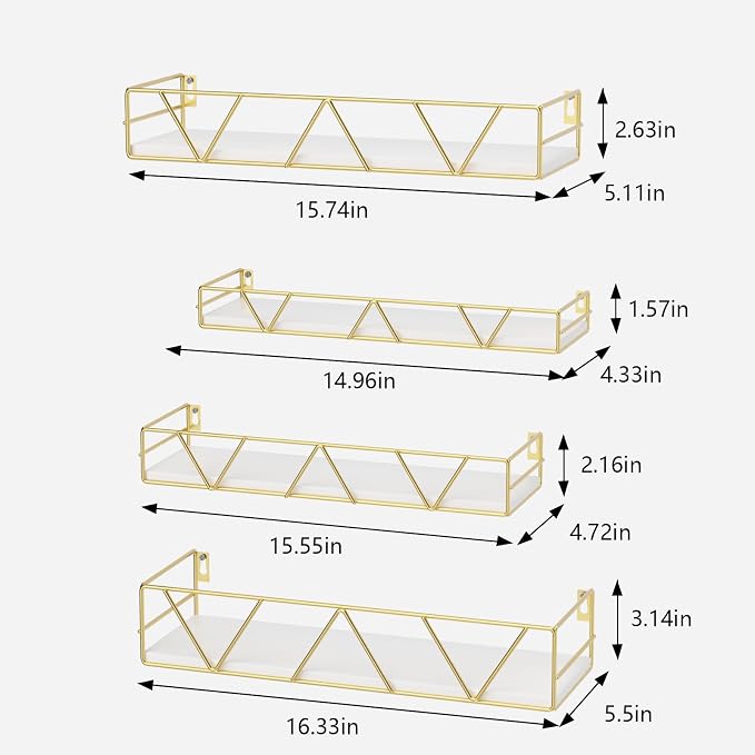 Amaoot Floating Shelves Set of 3, Home Wood Wall Shelf, Farmhouse Shelf for Bedroom, Wall Mounted Floating Shelf for Living Room, Bedroom, Bathroom, Kitchen, Office (Gold-4pcs)