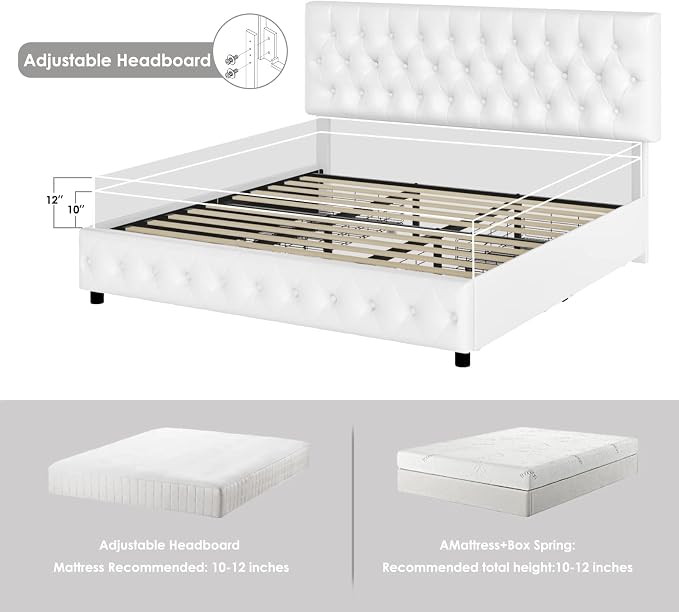 Keyluv Queen Size Upholstered Platform Bed Frame with 4 Storage Drawers, Modern White Faux Leather Bed with Adjustable Button Tufted Headboard, Solid Wooden Slat Support, Easy Assembly