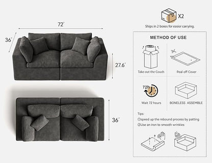 Loveseat Sofa | 72 Inch Modern Boneless Couch for Small Spaces | 2 Seater Small Sofa for Apartment Bedroom Living Room | Dark Grey Love Seat