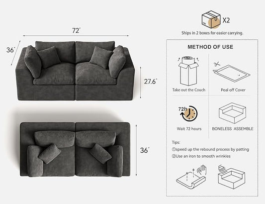 Loveseat Sofa | 72 Inch Modern Boneless Couch for Small Spaces | 2 Seater Small Sofa for Apartment Bedroom Living Room | Dark Grey Love Seat