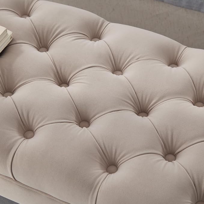 24KF Velvet Upholstered Buttons Tufted Entryway Bench with Solid Wood Leg,Bed Bench Ottoman with Padded Seat,5061N-Taupe
