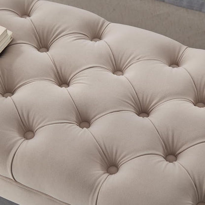 24KF Velvet Upholstered Buttons Tufted Entryway Bench with Solid Wood Leg,Bed Bench Ottoman with Padded Seat,5061N-Taupe