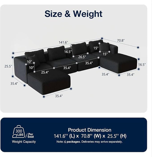 Avenco 141” U-Shaped Modular Sectional Couch Sofa with 2 Ottomans, Individually Wrapped Coil Support & Corduroy Fabric, Zero Assembly 6-Piece Set for Spacious Living Room, Black