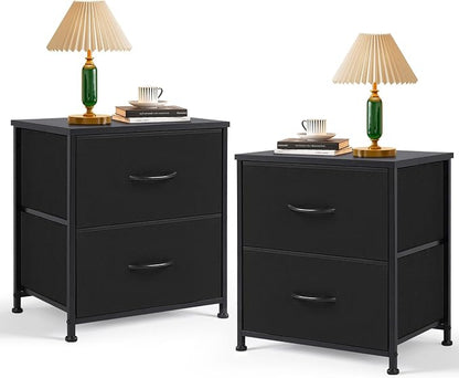 Nightstand Set of 2 Upgraded, Small 2 Drawer Dresser End Table Bedside Furniture, Wooden Top Fabric Bins for Bedroom, Closet, Entryway, Dorm, 11.8" D x 18" W x 20", Black
