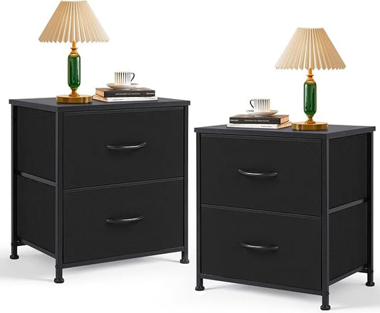 Nightstand Set of 2 Upgraded, Small 2 Drawer Dresser End Table Bedside Furniture, Wooden Top Fabric Bins for Bedroom, Closet, Entryway, Dorm, 11.8" D x 18" W x 20", Black
