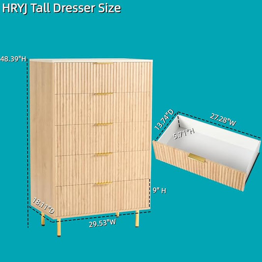 Fluted 5 Drawers Dresser for Bedroom with Faux Marble Top and Gold Handle, 48" Tall 30" Wide Wooden Chest of Drawers, Modern Closet Storage Organizer Dressers for Living Room, Hallway,Oak