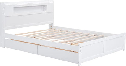 GDFStudio Queen Size Storage Bed with LED Headboard, 2 Drawers and Twin Trundle, Modern Wooden Platform Bed Frame for Bedroom Organization, No Box Spring Needed, Easy Assembly, White