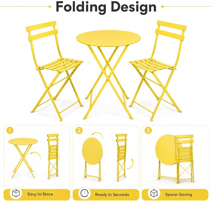Small 3 Piece Patio Set, Bistro Table and Chairs Set of 2, Outdoor Folding Coffee Table, Outdoor Patio Furniture Set for Balcony, Yard, Garden, Yellow (Yellow)