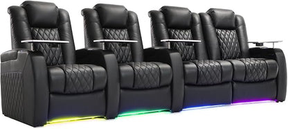 Weilianda Home Theater Seating Top Grain Leather Zero Gravity Recliner Chair Power Headrest Recline Movie Seat Gaming 7 Colors Mood Light Sofa with Tray Table USB Charge Row of 4 Loveseat Right Black