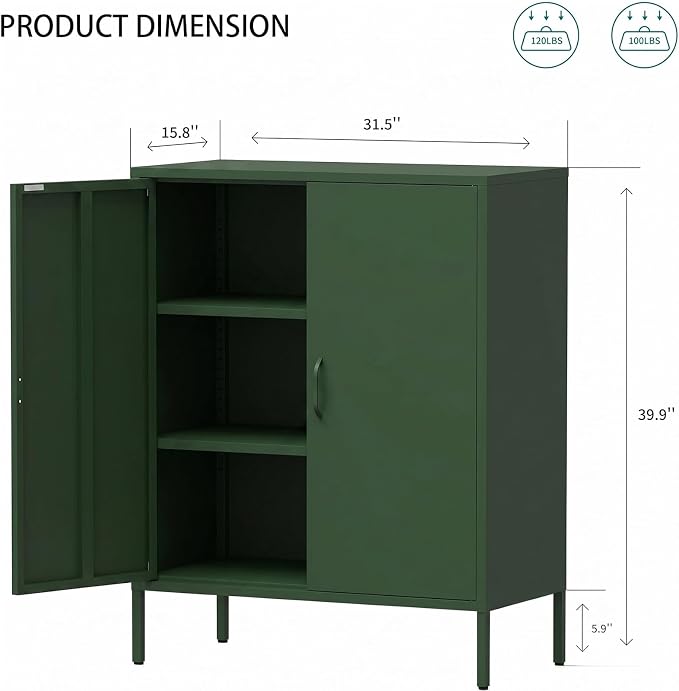 Metal Locker Storage Cabinet, Accent Sideboard Cabinet with Adjustable Shelves for Home Office, Garage, Kitchen, Living Room, Kitchen (Green, 40" H-Metal Doors)