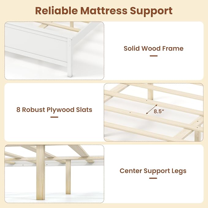 Giantex Queen Size Wooden Bed Frame with Headboard, Wood Slat Support | Farmhouse Platform Bed with Heavy Duty Mattress Foundation, Under-Bed Storage, No Box Spring Needed, Easy Assembly (White)