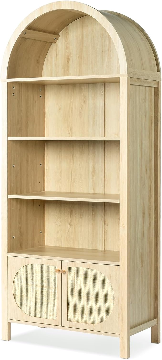 VINGLI 70" Arched Display Cabinet with 5 Shelves, Rattan Storage Cabinet 5 Tier Arched Bookshelf, Wood Tall Bookcases, Sturdy, Stylish for Living Room Bedroom Dining Room Office Study Room, Oak
