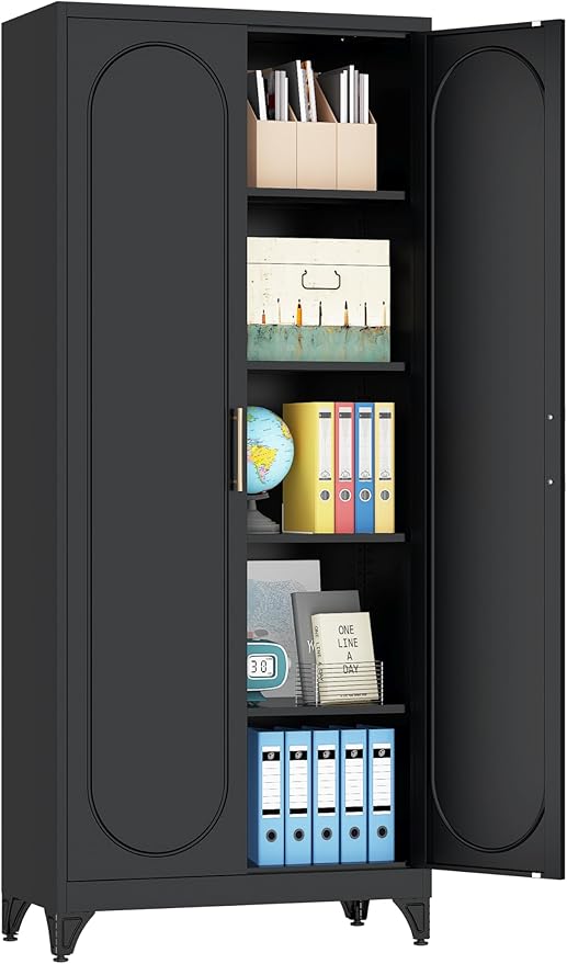 75" Tall Black Metal Storage Cabinet with 2 Doors and 4 Adjustable Shelves, Heavy Duty Steel Pantry Cabinet for Garage, Home Office, Kitchen and Laundry Room, Freestanding Utility Cupboard