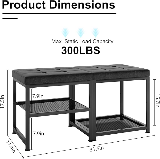 DreamDashio Set of 2 Small Shoe Storage Benches with PU Leather Cushion, 3-Tier Shoe Rack Organizer for Entryway, Metal Mesh Shelves, Holds Up to 300 lbs, Black (31.5"x11.4"x17.5")