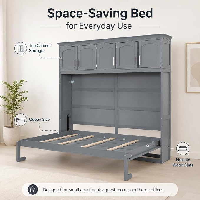 Queen Murphy Bed Cabinet, Wall Bed with Storage, Folding Cabinet Bed with Dual Piston Metal Mechanism, Murphy Cabinet Space Saving Bed for Guest Room, Home Office, Apartment(Gray 2)